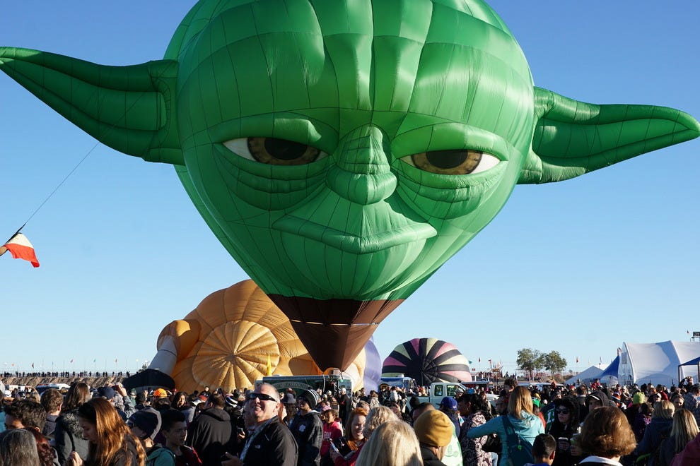 Yoda from "Star Wars" delights spectators at the 2014 Albuquerque International Balloon Fiesta. He, his friend Darth Vader and 548 other balloons – almost 100 of which are special shape balloons – return to Albuquerque the first week of October.